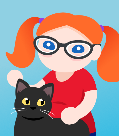 Cartoon illustration of a red-haired woman in pigtails and glasses, smiling while petting a black cat